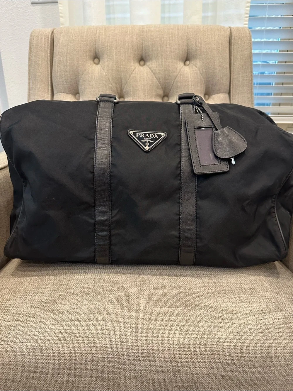 Prada Black Tessuto Weekender Nylon Bag with Leather Trim
